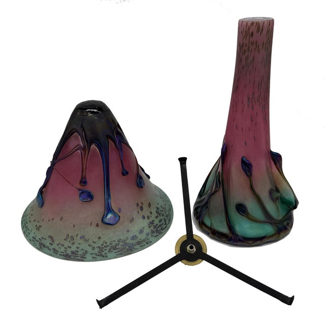 Glass c.1997 Signed French Artist Michelle Luzoro Art Nouveau Glass Set Vase and Lamp Topper For Sale - Image 7 of 10