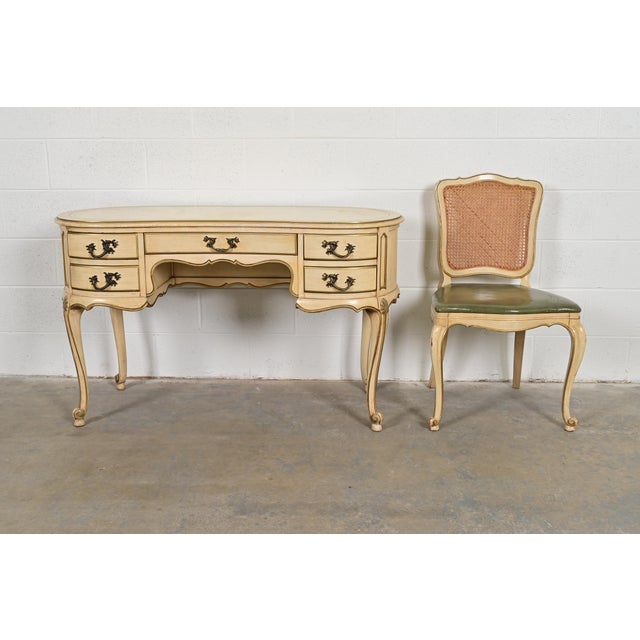 John Widdicomb Style French Provincial Louis XV Cream Lacquered and Gold Gilt Leather Top Ladies Writing Desk and Chair, Circa 1950s For Sale - Image 15 of 15