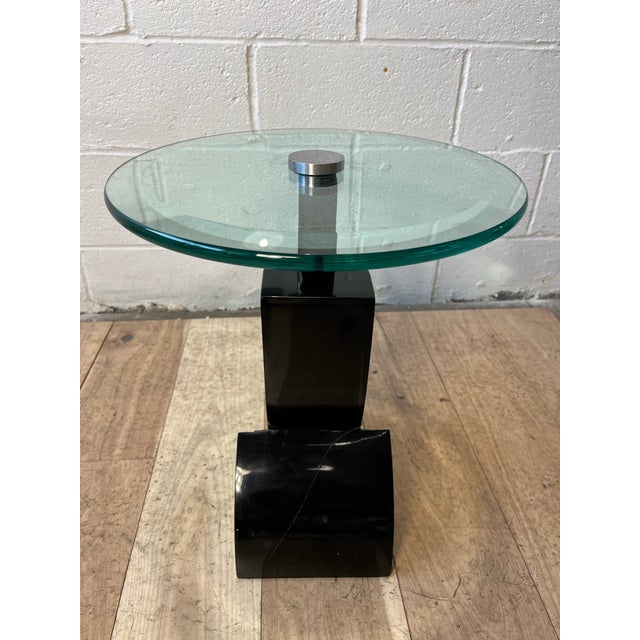 Karl Springer Style Black Lacquer Pedestal Side Table With Glass Top For Sale - Image 10 of 11