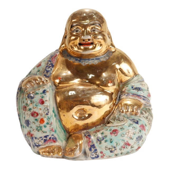 Vintage Gilt Famille Verte Chinese Porcelain Seated Buddha/Luohan Ex-Lorin Marsh For Sale