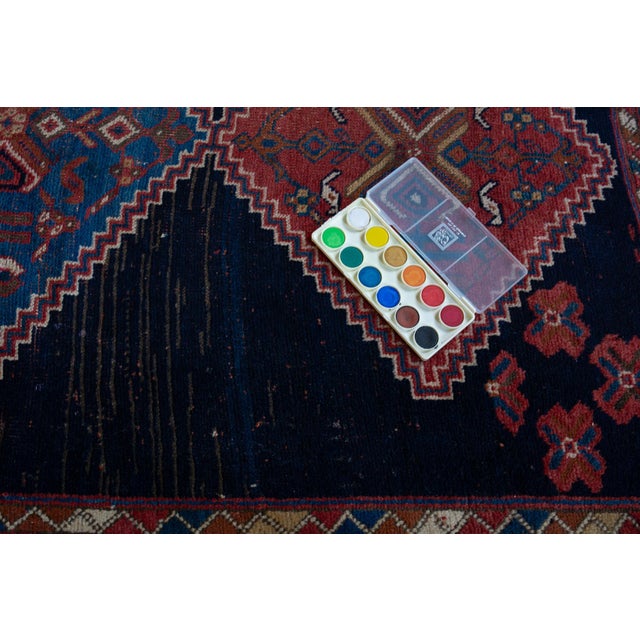 Textile Antique Caucasian Geometric Floral Medallion Navy Red Rug Wool Low Pile Hand-Knotted - 4’2” X 6' For Sale - Image 7 of 10