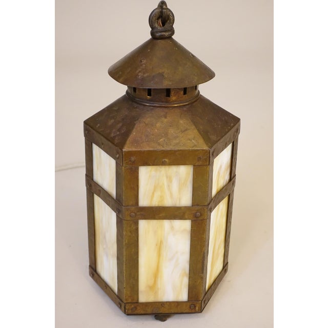 Copper 1910s Arts & Crafts Copper Iron Stained Glass Mission Hexagon Chimney Lantern Hanging Lamp 1910's For Sale - Image 8 of 14