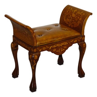 Antique Dutch Marquetry Window Piano Stool with Hand-Dyed Chesterfield Seat For Sale