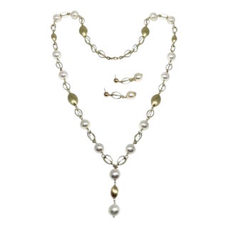 Akoya Pearl Necklace Earrings Set 14k Gold Certified, 3 Pieces For Sale