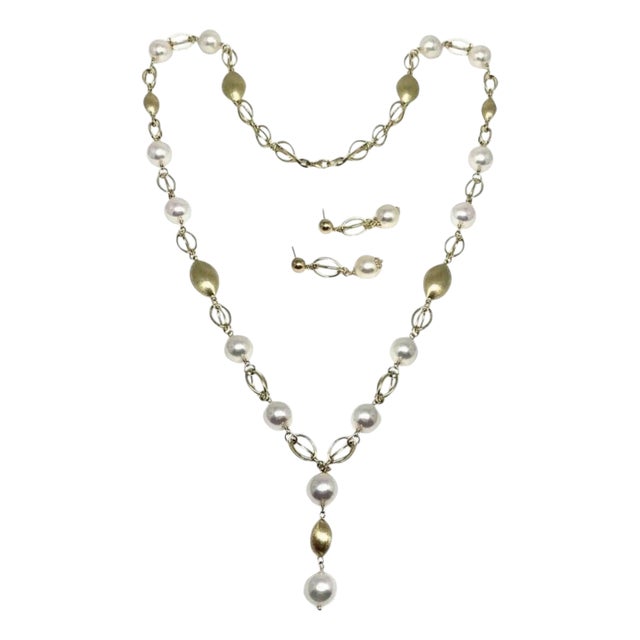 Akoya Pearl Necklace Earrings Set 14k Gold Certified, 3 Pieces For Sale