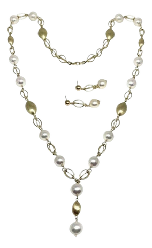 Akoya Pearl Necklace Earrings Set 14k Gold Certified, 3 Pieces