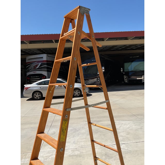 Vintage Wooden Painter’s Step Ladder With Folding Paint Shelf – Solid Wood – Rustic Farmhouse Decor For Sale - Image 4 of 16