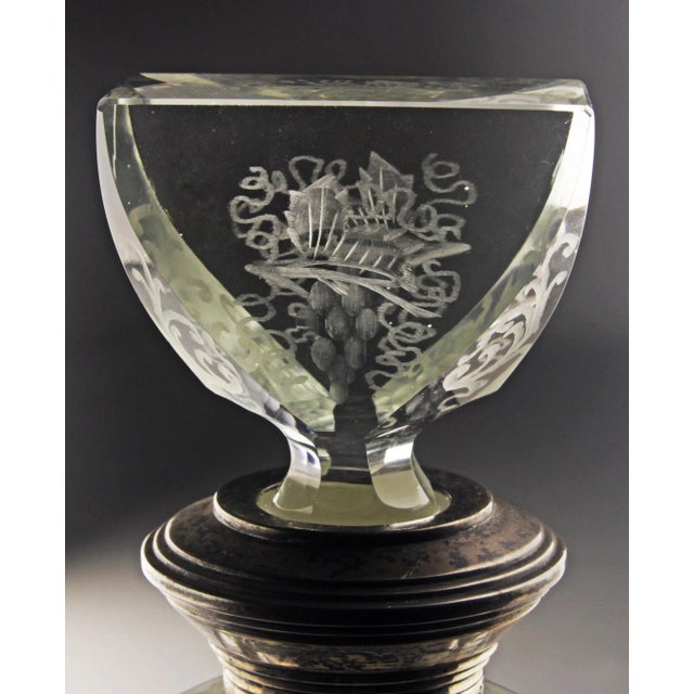 Pair of Early 20th Century Art Déco Etched/Cut Glass Liquor Decanters and Stoppers With Sterling Silver Necks For Sale - Image 9 of 11