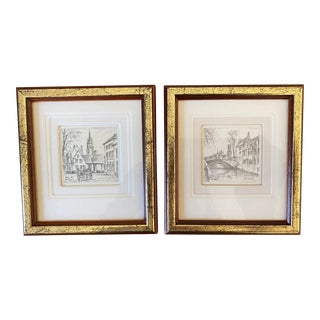 Late 20th Century Mini Pencil Drawings From Bruges, Belgium, Framed - Set of 2 For Sale
