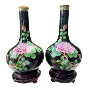 Late 19th Century Antique Pair of Mirrored Gilt Bronze Cloisonné Enamel Floral Bird Noir Vases With Wooden Bases