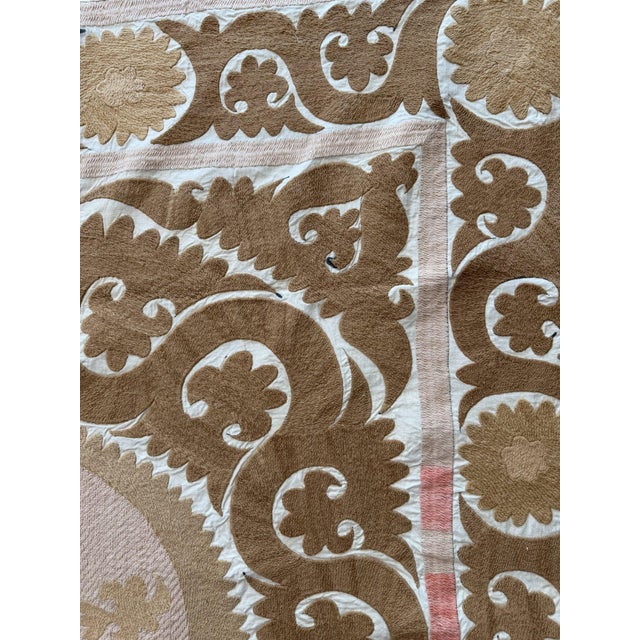 Textile Hand-Embroidered Neutral Tan Suzani Wall Hanging For Sale - Image 7 of 9