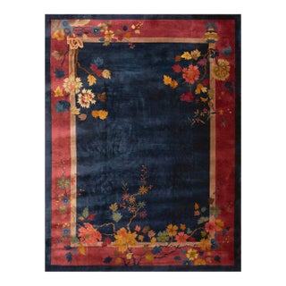 1920s Blue Field Floral Antique Chinese Art Deco Carpet 9' X 11'8" Knotted Wool Rug For Sale