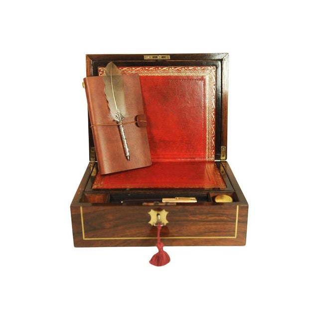 Victorian Rosewood Writing Slope with Brass and Leather Inlay, UK, 1880, Set of 5 For Sale - Image 9 of 13
