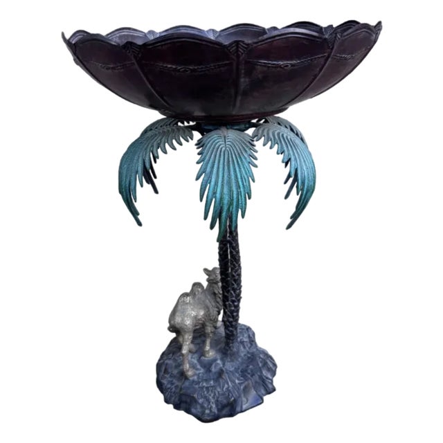 Late 20th Century Anglo Indian Bronze Serving Bowl on a Palm Tree Stand With Camel For Sale