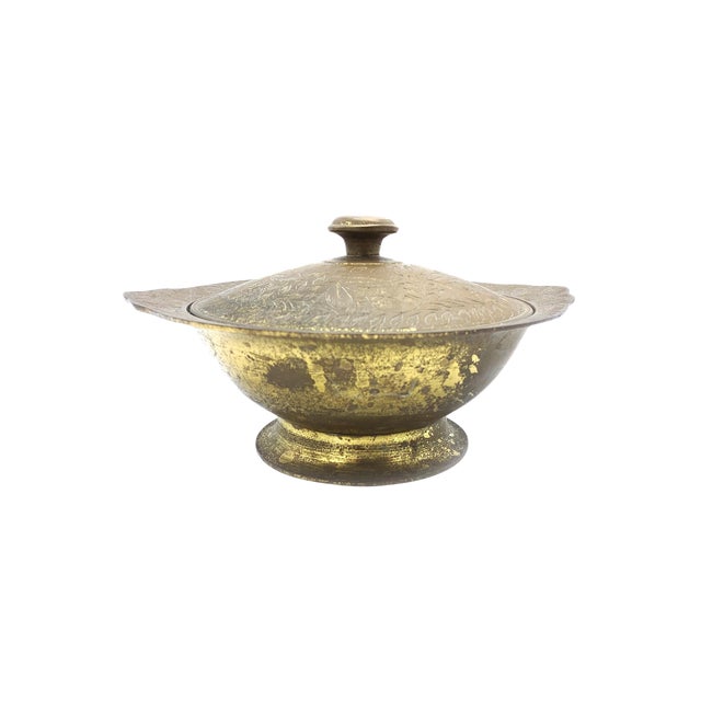 Vintage Mid Century Hand Etched Brass Lidded Bowl, Made in India Chairish