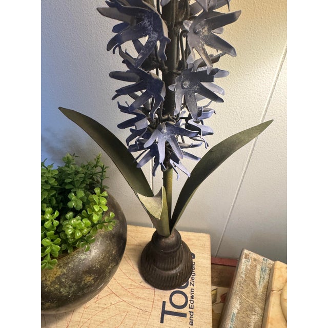 Blue Vintage Italian Tole Hyacinth Sculpture – Hand-Painted Blue Metal Botanical Decor, Hollywood Regency Style For Sale - Image 8 of 9