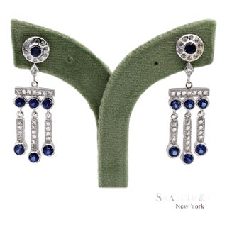14k(585) Vintage White Gold Natural Diamond and Sapphire Earrings For Sale