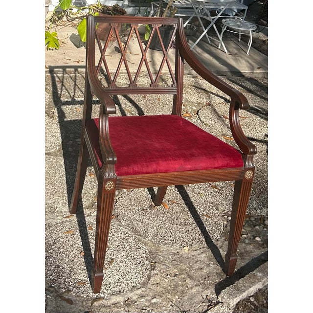 Hepplewhite c.1900 Hepplewhite Style Mahogany Armchair With Red Velvet Seat – Lattice Back Accent Chai For Sale - Image 3 of 12