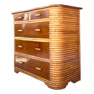 Vintage Deco Stacked Rattan Tall Chest of Drawers For Sale