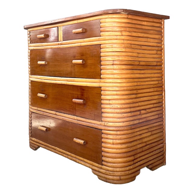 Vintage Deco Stacked Rattan Tall Chest of Drawers For Sale