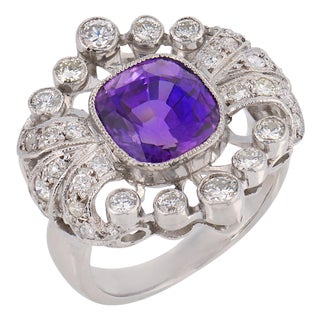 Mid Century Amethyst Diamond Platinum Cocktail Ring, Size 4.75 For Sale