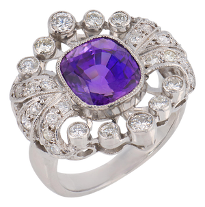 Mid Century Amethyst Diamond Platinum Cocktail Ring, Size 4.75
