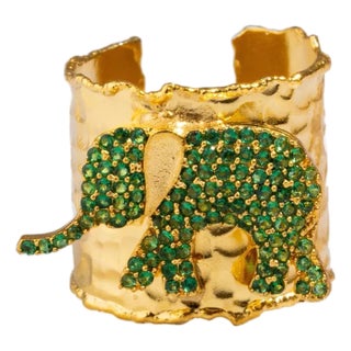 Guardian Green Elephant Gold Chunky Adjustable Ring, Size 4 For Sale