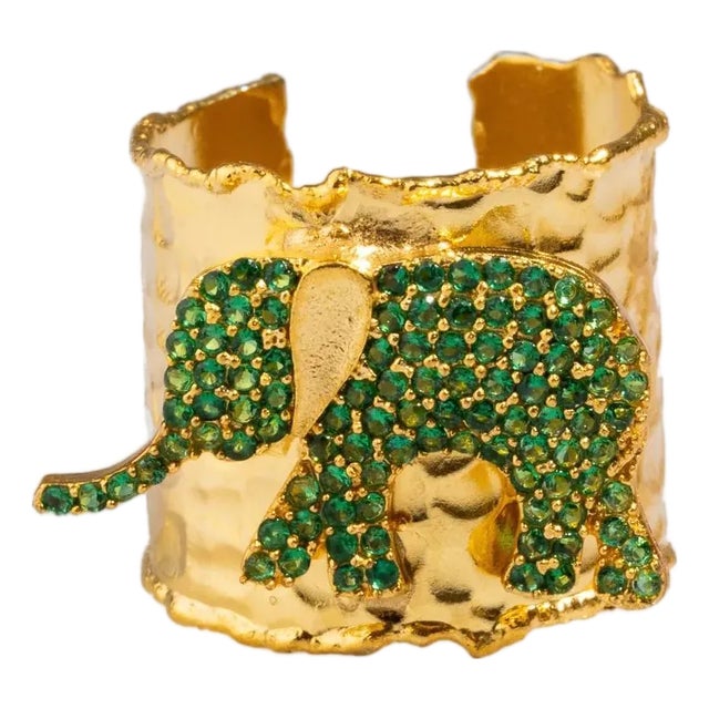 Guardian Green Elephant Gold Chunky Adjustable Ring, Size 4 For Sale
