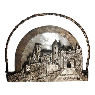 1920's French Art Deco Petite Iron Hand Crafted Castle Scene "Carcassonne" Signed E. Delpech Table Lamp For Sale