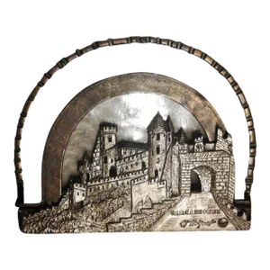 1920's French Art Deco Petite Iron Hand Crafted Castle Scene "Carcassonne" Signed E. Delpech Table Lamp