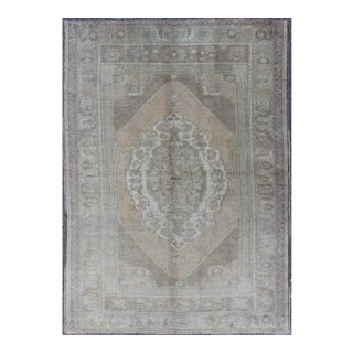 Muted Colors Vintage Turkish Oushak Rug With Medallion Design in Lt. Green For Sale
