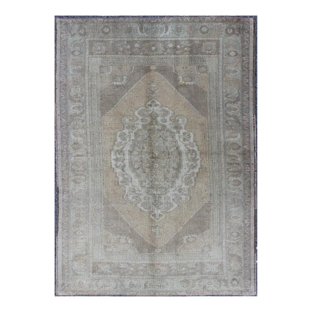 Muted Colors Vintage Turkish Oushak Rug With Medallion Design in Lt. Green For Sale