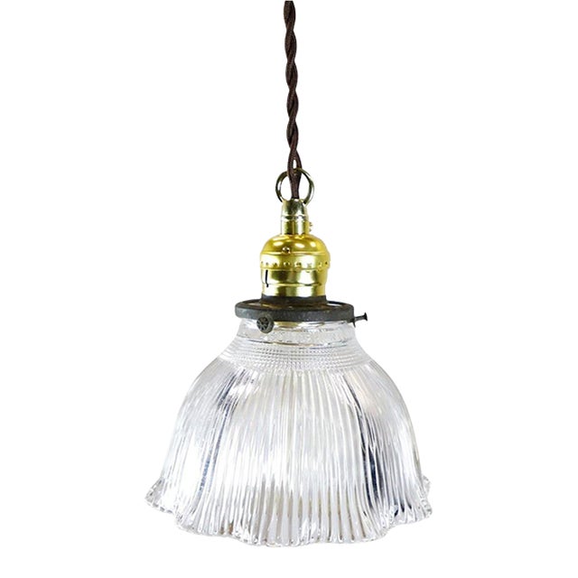 1940s Holophane Clear Glass Vintage Industrial Pendant Light 12 For Sale