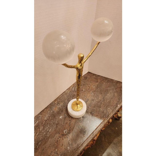 Metal John Richard Brass Figure With Two Selenite Balls For Sale - Image 7 of 8
