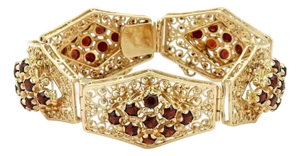 Large Filigree Floral 14k Yellow Gold Garnet Link Bracelet