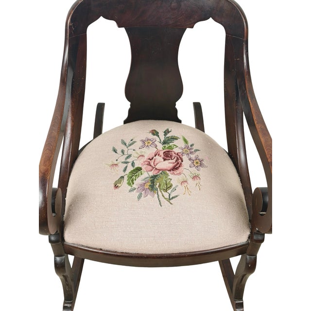 Wood Antique American Carved Wood Rocking Chair With Needlepoint Seat For Sale - Image 7 of 18