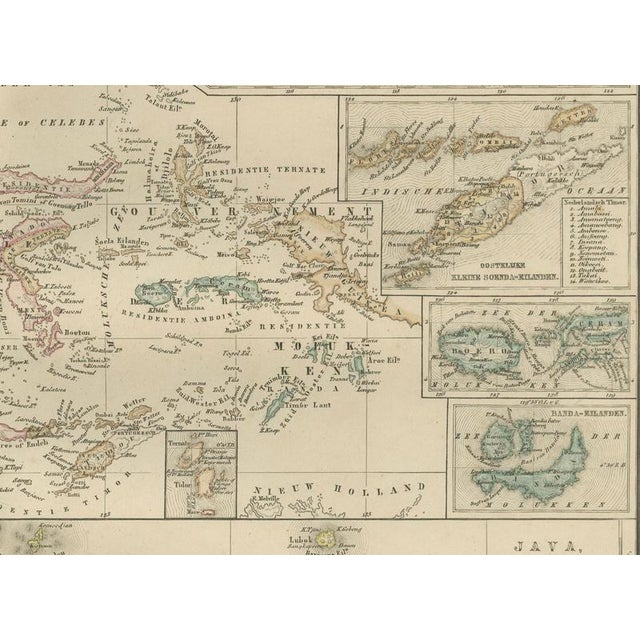 This impressive 19th-century map titled “Nederlandsch Oost-Indië” presents the Dutch colonial territories in Southeast...