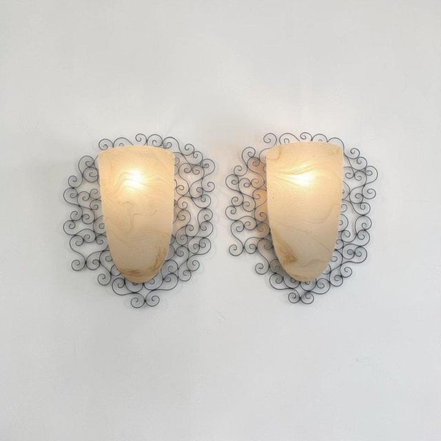 Glass Frosted Amber Glass and Wrought Iron Wall Sconces with Metal Frames, Set of 2 For Sale - Image 7 of 18