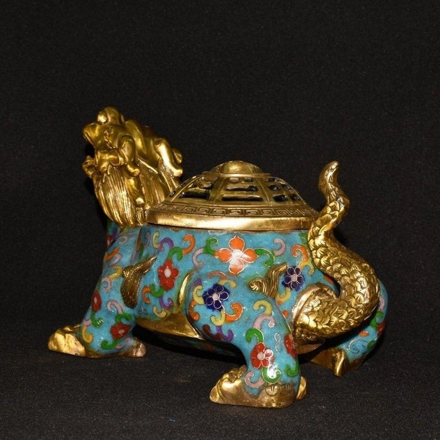 Metal Vintage Cloisonné Enamel Gilt Bronze Dragon Turtle Censer Incense Burner With Bagua Lid For Sale - Image 7 of 9