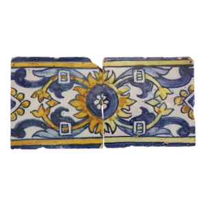 17th Century Floral Set of Two Tiles, Portuguese Antique