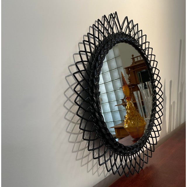 Vintage Round Wicker Sunburst Wall Mirror For Sale - Image 4 of 13