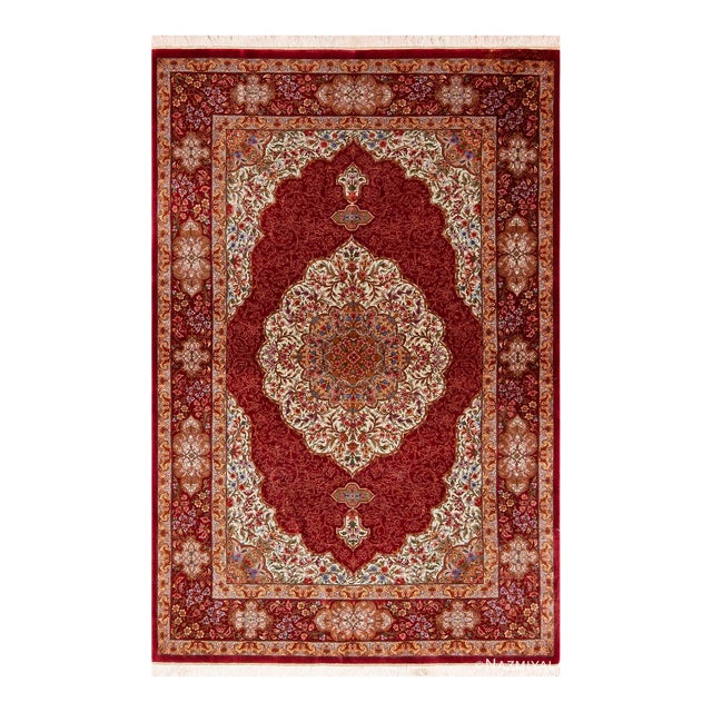 Nazmiyal Collection 1950s Floral Vintage Persian Silk Qum Rug For Sale