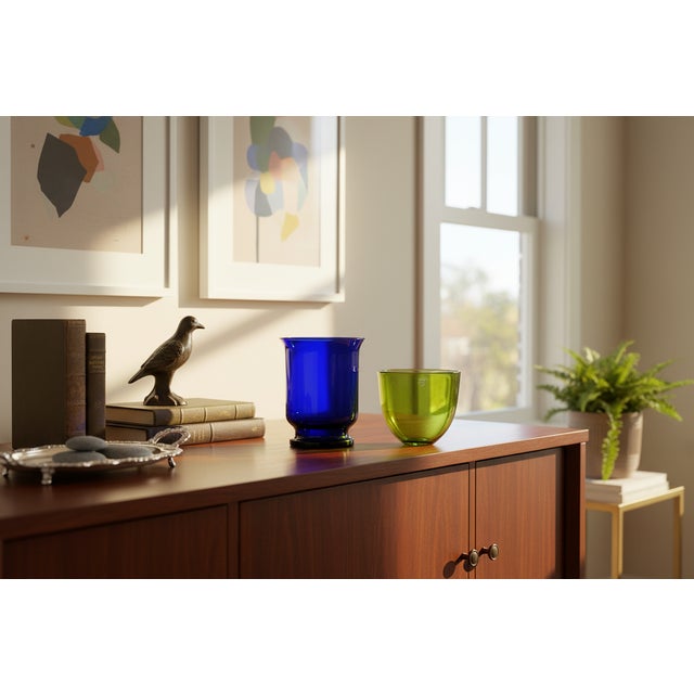 2pc Art Glass Collection: Signed Orrefors Green Bowl & Cobalt Blue Hurricane For Sale - Image 11 of 11