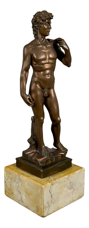Sculpture of David in Bronzed Metal on Marble Base after Michelangelo, 20th Century