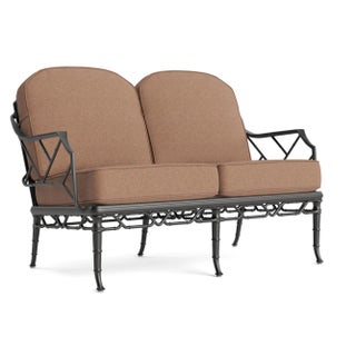 Brown Jordan Calcutta Loveseat, Textured Pewter frame with Fusion Clay fabric For Sale