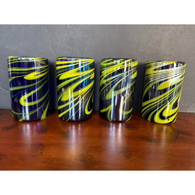 Modern Late 20th Century Hand Blown Glass Tumblers – Set of 4 Cobalt Blue Swirl Cups – Modern Studio Art Glass Drinkware For Sale - Image 3 of 9