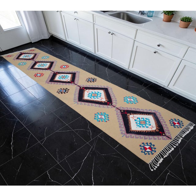 Contemporary Hand Woven Silk Runner Rug. Extra Long Hallway Decor. Turkish Silk Kilim. Luxury Decor - New - 3′1″ X 14′2″ For Sale - Image 3 of 17
