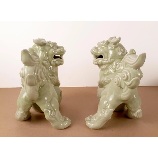Mid Century Pair of Chinese Celadon Fu Dogs For Sale - Image 4 of 8