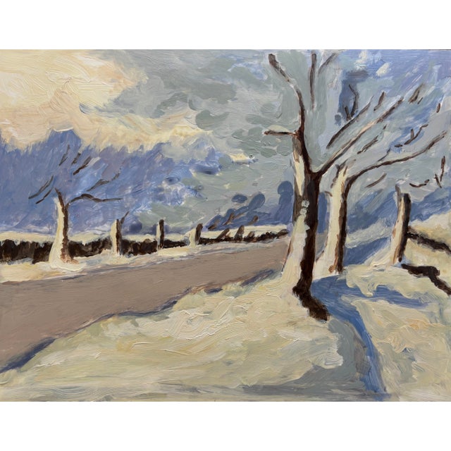 Charming post-impressionist snowy landscape in oil, with muted blues, purples, and yellows. Ready to be framed. Unsigned....