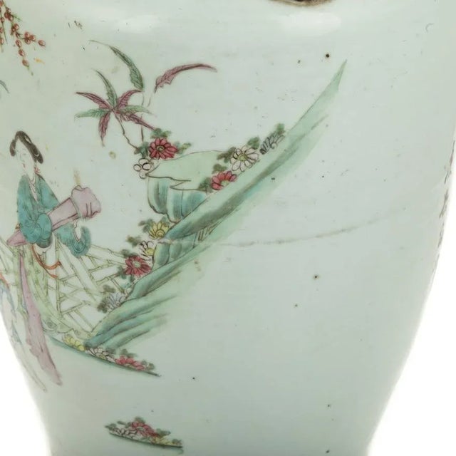 Ceramic Guangxu Era Circa 1880s Chinese Export Large Famille Rose Vase With Image of Maidens in Fanciful Garden and Foo Dog Mask Handles For Sale - Image 7 of 8